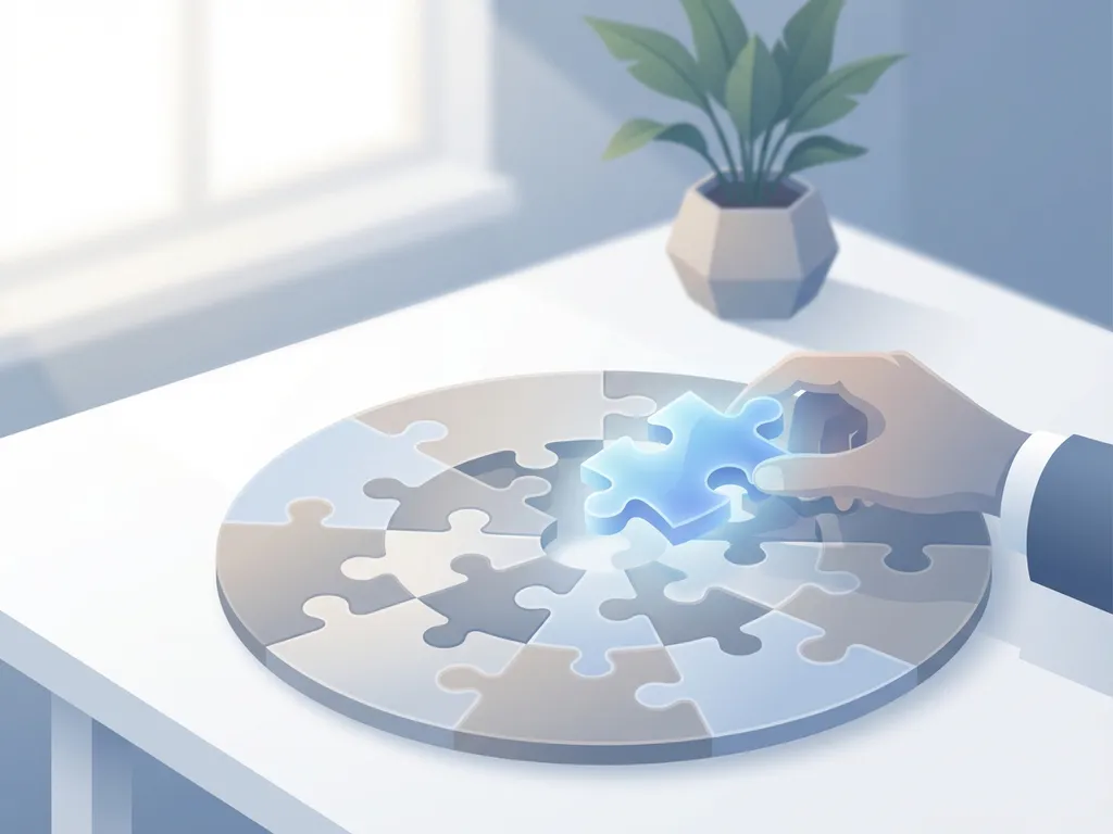 Gloeiend puzzelstukje wordt geplaatst in onvolledige ronde puzzel op wit bureau, minimalistische vectorstijl in zachte blauwtinten