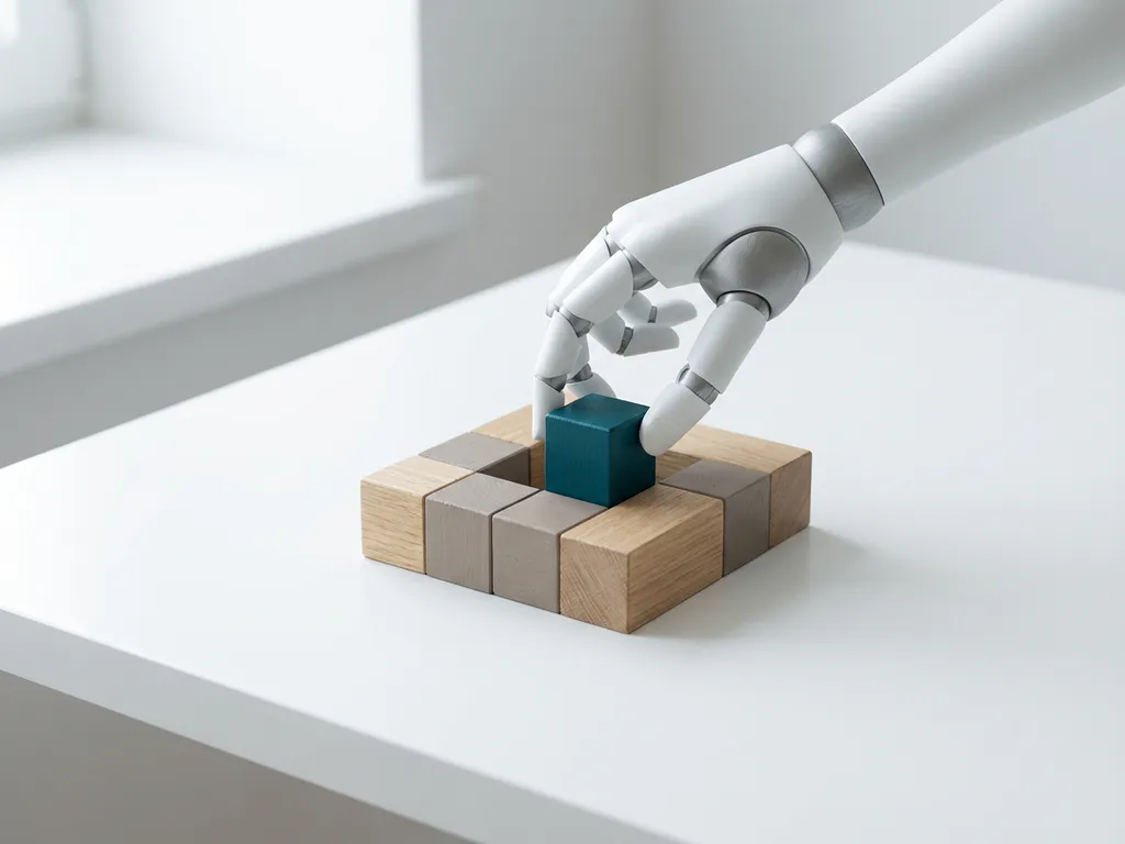 Robothand rangschikt houten marketingblokken in geometrisch patroon op wit bureau, zachte schaduwen, teal accent
