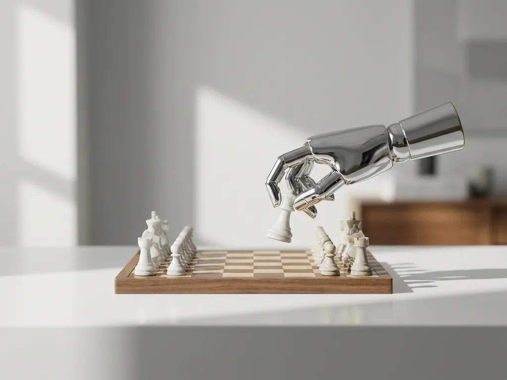 Chromen robothand plaatst schaakstuk op houten schaakbord op wit bureau, zachte belichting met geometrische schaduwen