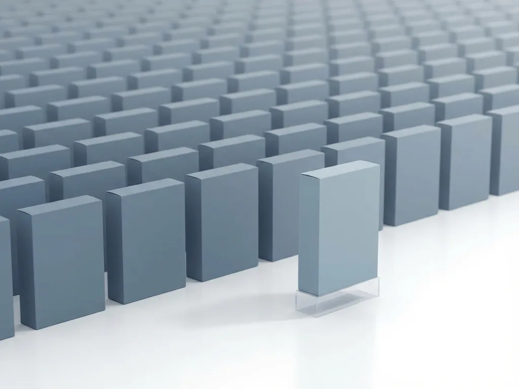 Raster van blauwe en grijze softwareboxen met één uitgelichte doos op de voorgrond, minimalistische studiocompositie