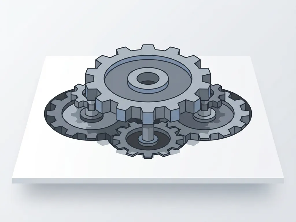 Elegant tandwielmechanisme met in elkaar grijpende tandwielen op wit bureau, minimalistische vectorillustratie in grijs en blauw