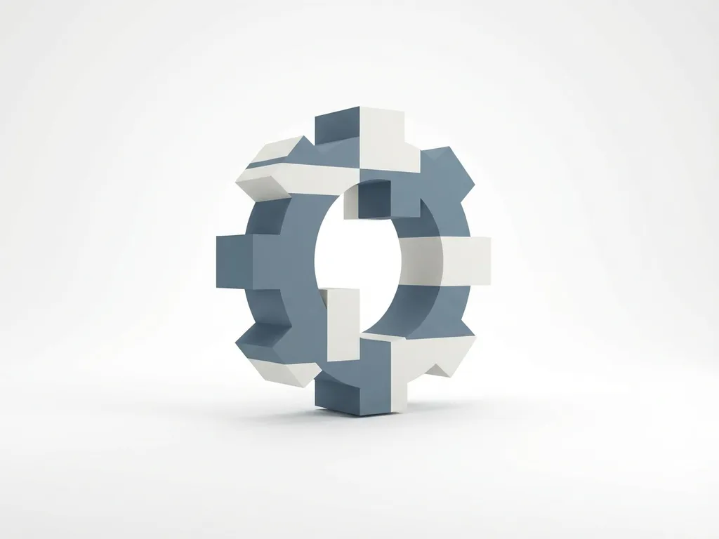 Geometrisch tandwiel van modulaire rechthoekige blokken op wit bureau, minimalistische vectorillustratie in blauwgrijs