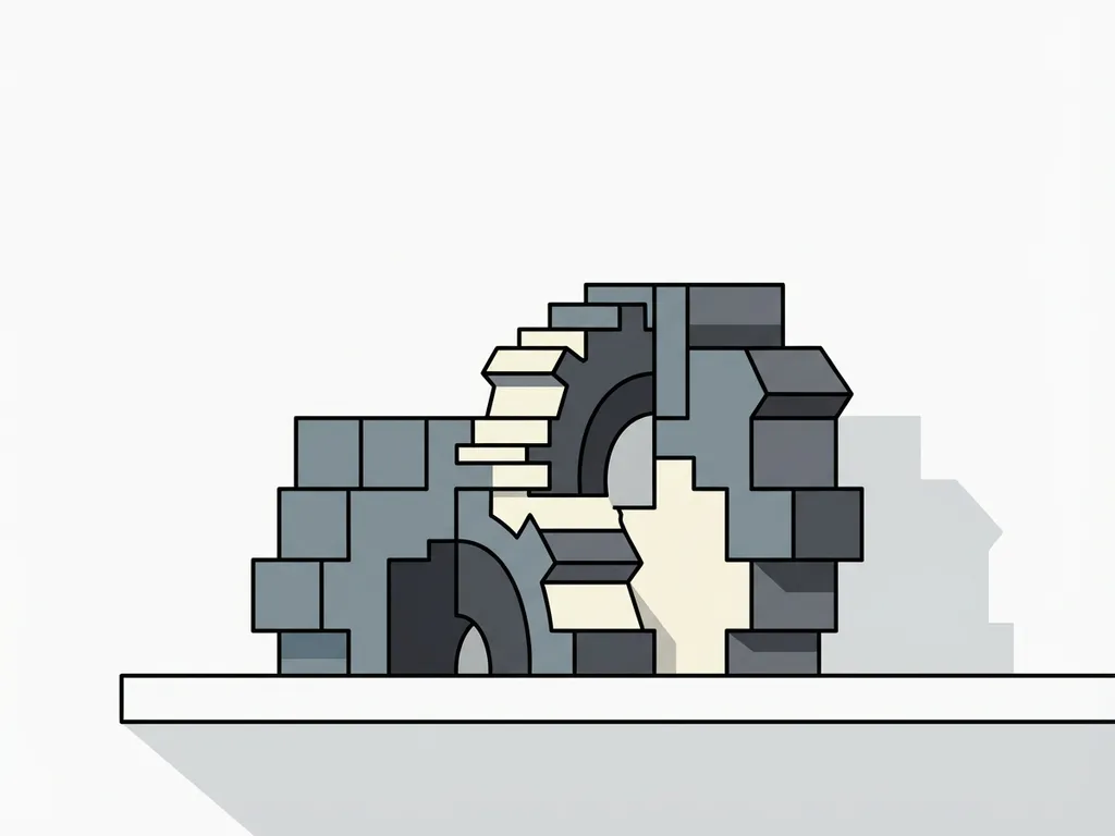 Modulair tandwiel van geometrische blokken op wit bureau, minimalistische vectorillustratie in grijs en ivoor