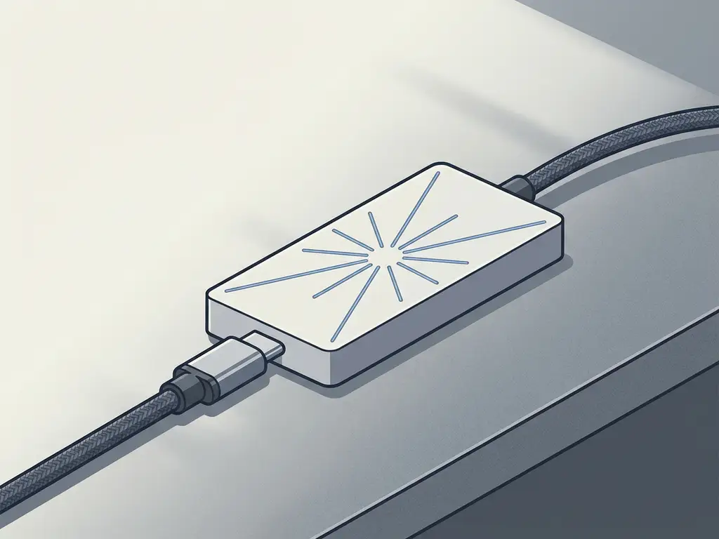 Minimalistische USB-kabel aangesloten op witte hub met geometrische verbindingslijnen, vectorillustratie in koele grijstinten