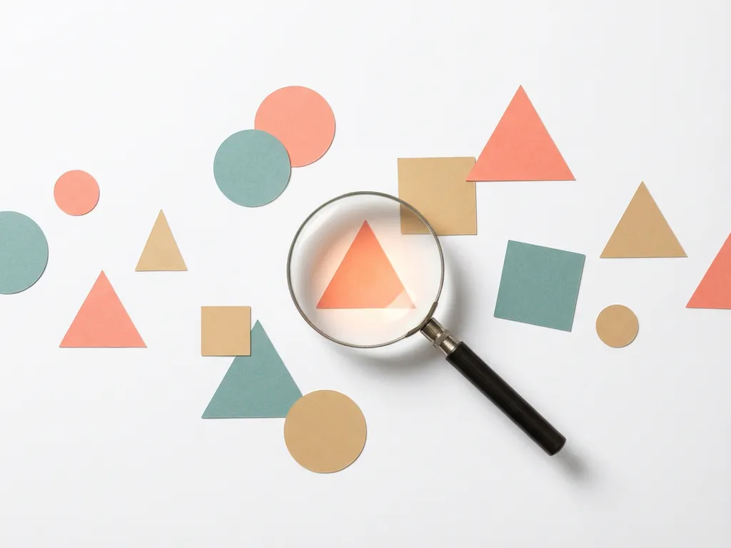 Vergrootglas boven geometrische papieren vormen in koraal, teal en zandtinten, één vorm subtiel oplichtend op wit oppervlak