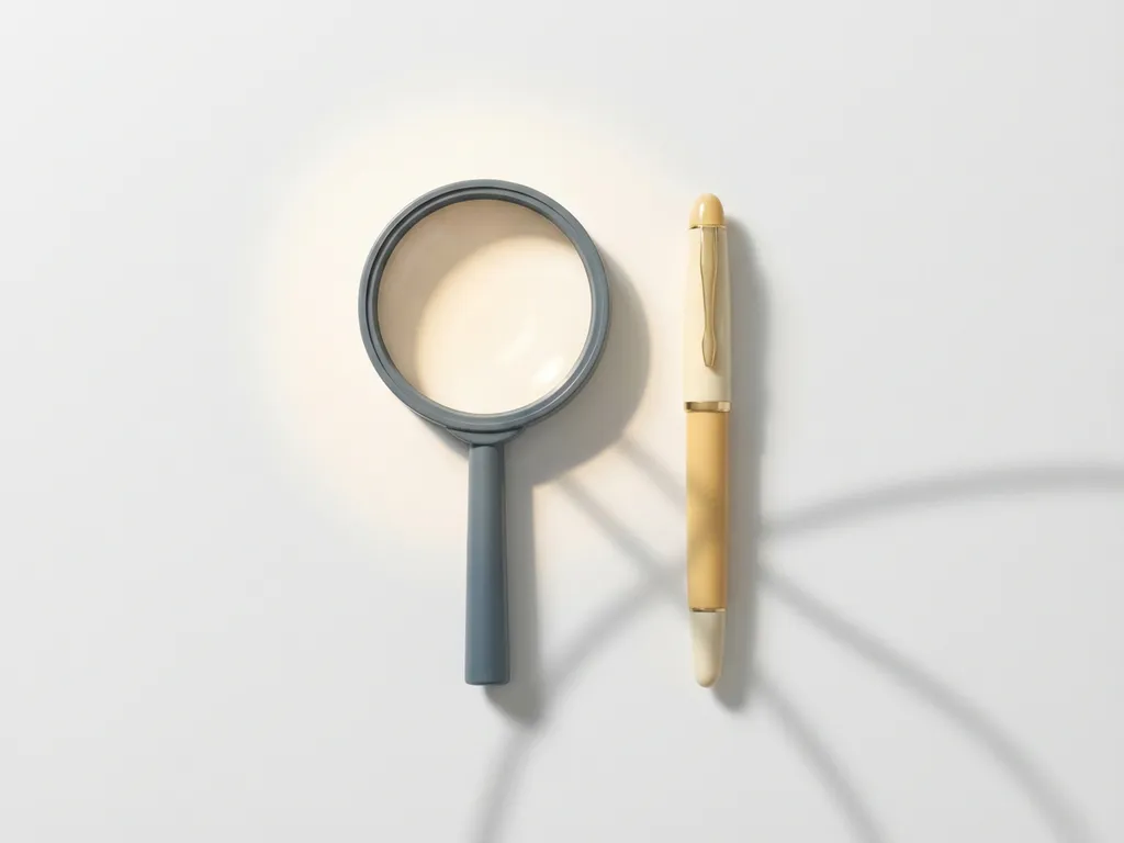 Vergrootglas en vulpen parallel op wit oppervlak met zachte schaduwen en circulaire lichtpoel, bovenaanzicht