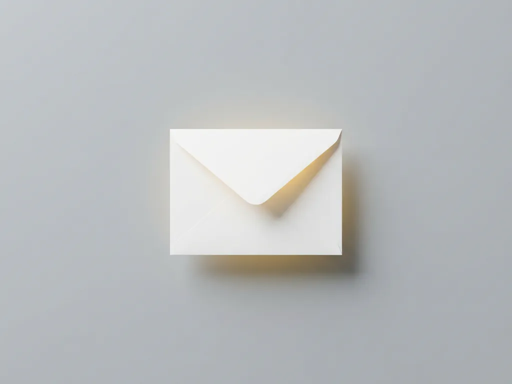 Witte envelop met gouden gloed van binnenuit op grijze ondergrond, minimalistische compositie met zachte schaduw.