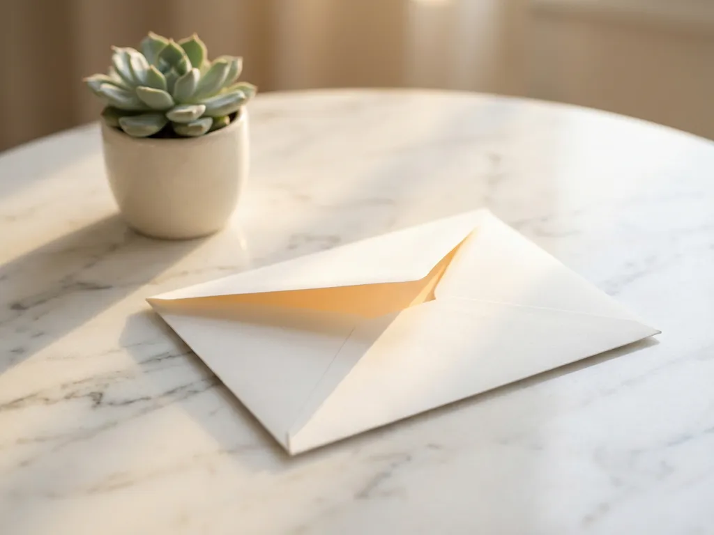 Witte envelop met gouden gloed van binnenuit op marmeren oppervlak, vetplant op achtergrond in warm ochtendlicht