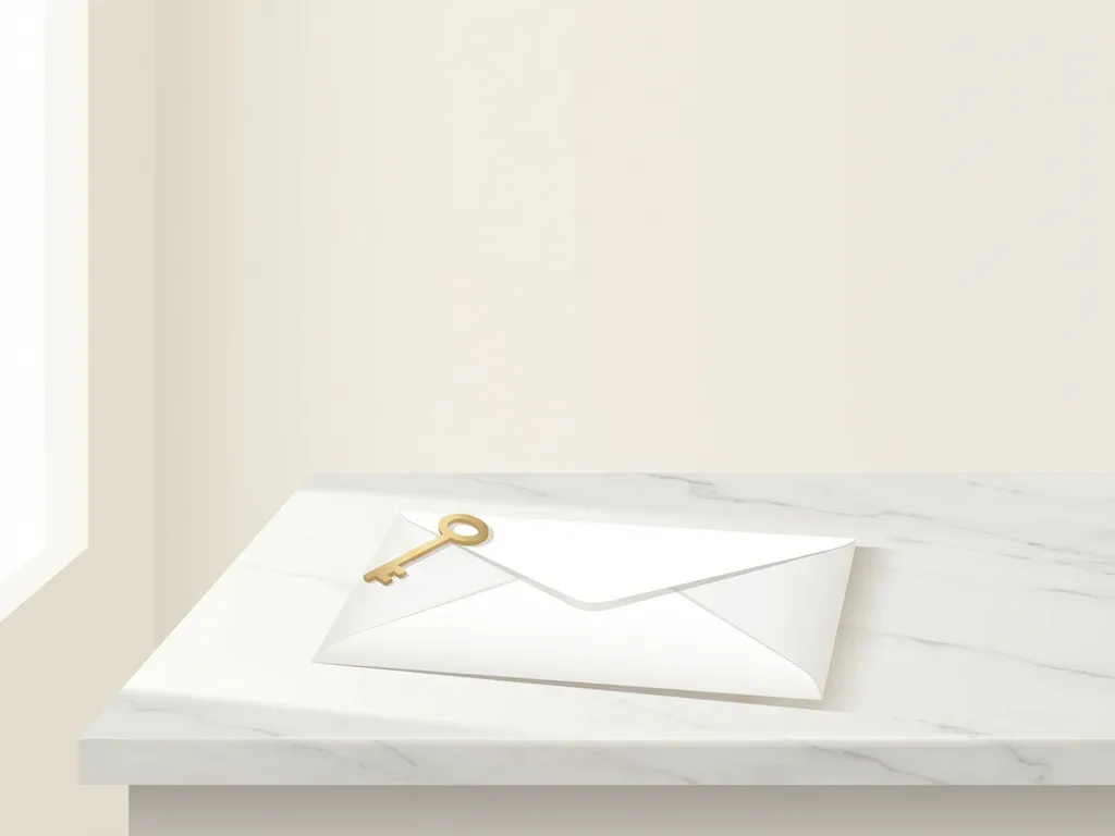 Gouden sleutel op witte envelop op marmeren bureau, minimalistische vectorillustratie met zachte natuurlijke belichting