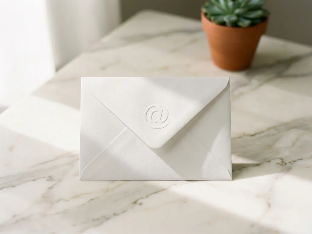 Witte envelop met @-symbool op marmeren bureau, vetplant op achtergrond, zacht ochtendlicht, minimalistische compositie