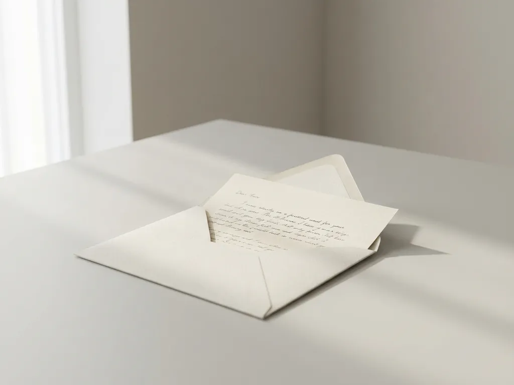 Witte envelop met open flap en gedeeltelijk zichtbare brief op lichtgrijs bureau, zacht natuurlijk licht, minimalistische compositie