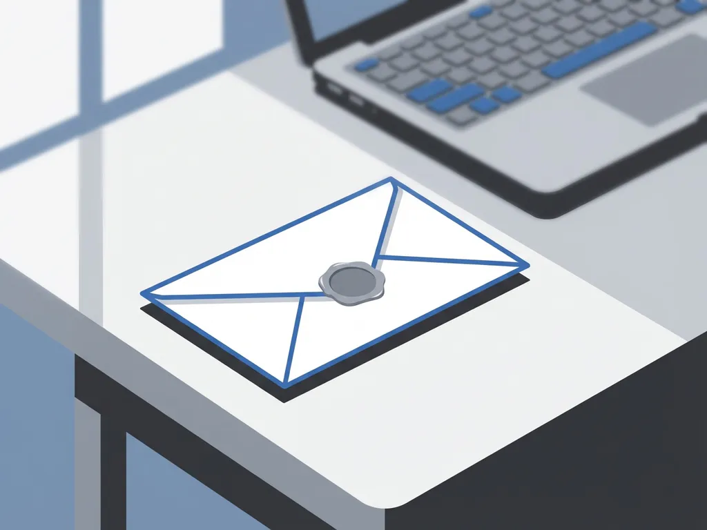 Witte envelop met lakzegel op minimalistische bureau, laptop op achtergrond, zachte natuurlijke verlichting, vectorkunststijl