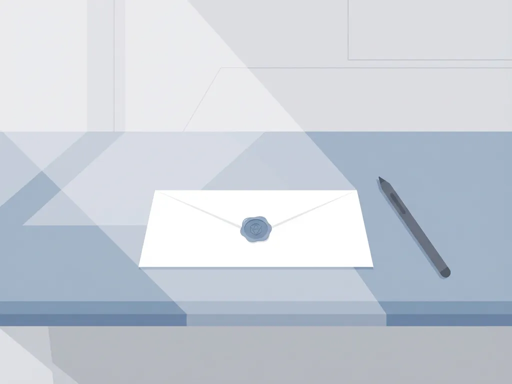 Witte envelop met lakzegel en stylus pen op minimalistische bureau, zachte natuurlijke verlichting, elegante vectorkunststijl