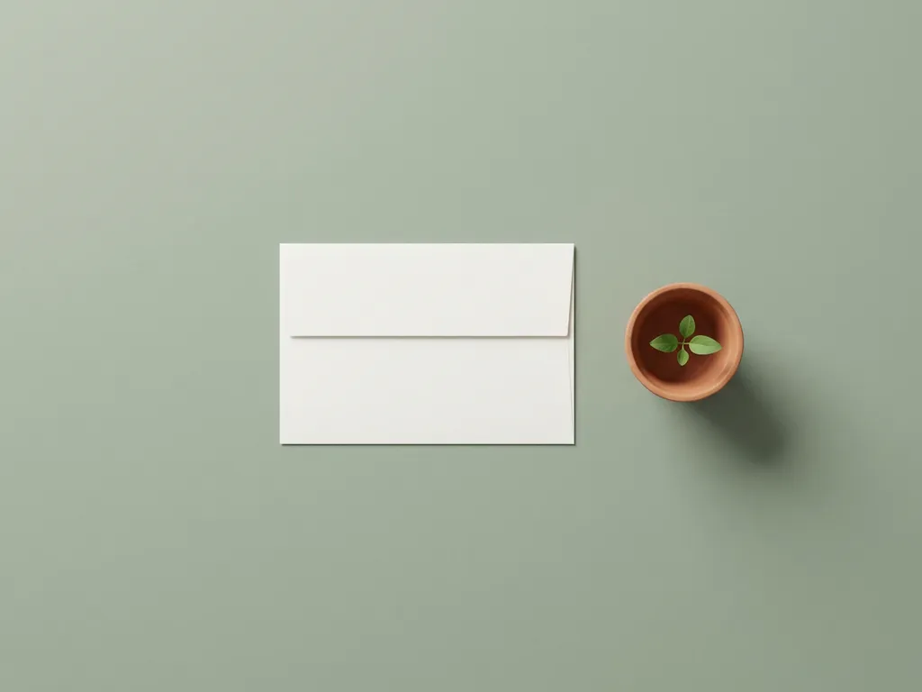 Witte envelop naast een kiemplant in terracotta pot op mintgroene achtergrond, minimalistische compositie met zachte schaduwen.