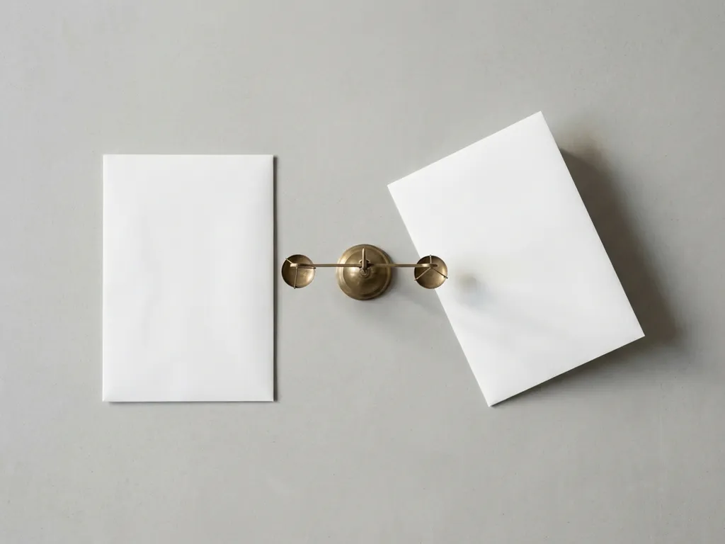 Twee witte enveloppen op grijze ondergrond met koperen balansweegschaal ertussen, minimalistische flatlay compositie met zachte natuurlijke belichting.