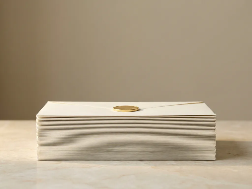 Stapel witte enveloppen met gouden munt bovenop, op marmeren oppervlak met minimalistische compositie en zachte verlichting