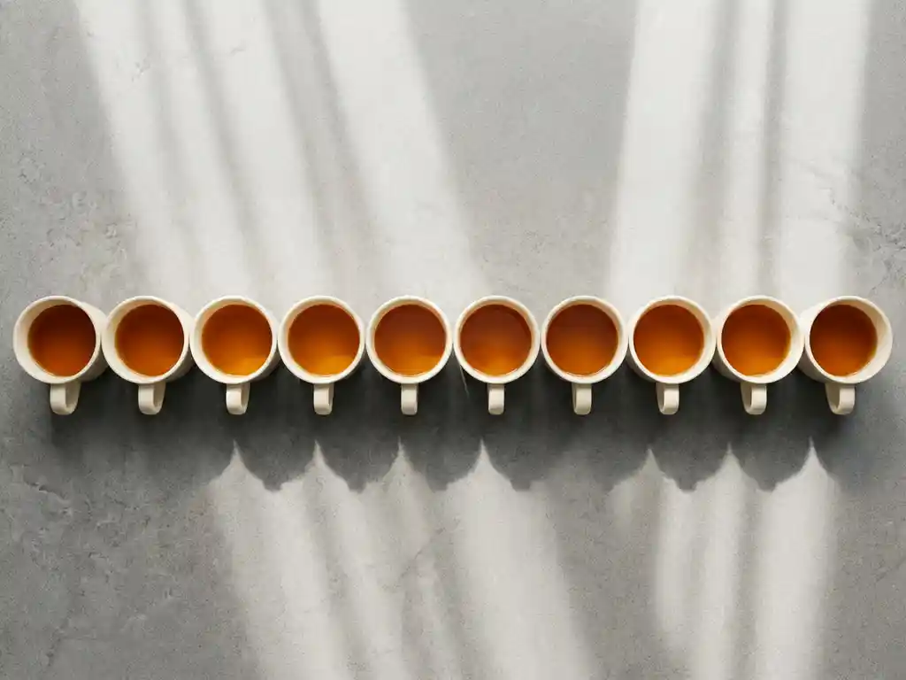 Rij witte keramische kopjes gevuld met amberkleurige koffie op grijs oppervlak, bovenaanzicht met zachte ochtendschaduwen.