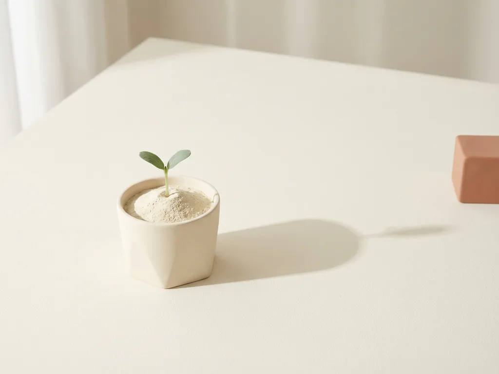 Delicate groene zaailing ontkiemt uit witte aarde, werpt lange schaduw over crèmekleurig oppervlak in minimalistisch licht