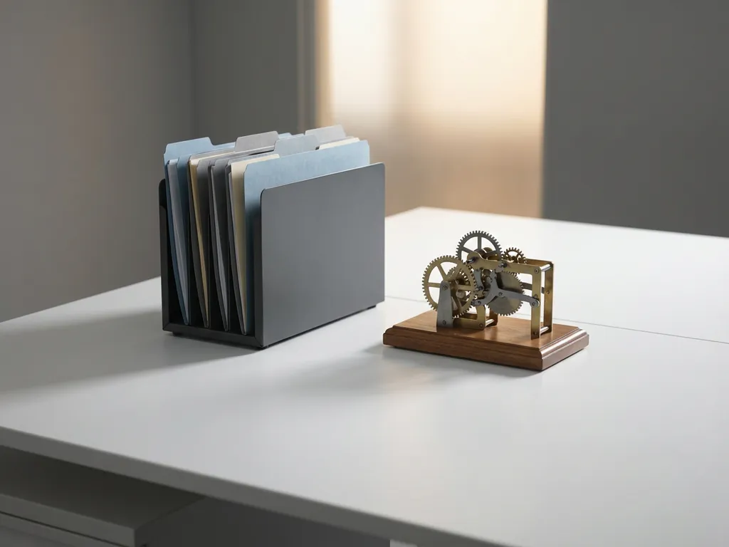 Kleine archiefkast met klantenmappen naast tandwielmechanisme op wit bureau, minimalistische zakelijke compositatie in blauw-grijs