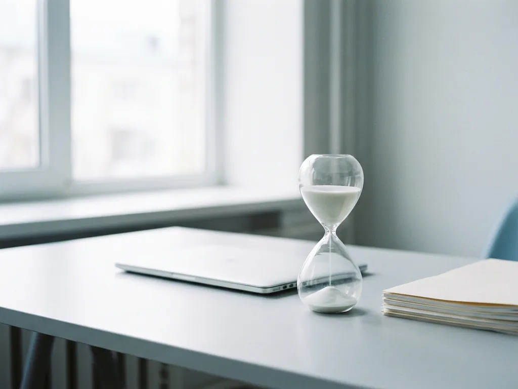 Elegante zandloper met wit zand op minimalistisch bureau naast laptop en documenten, zacht natuurlijk licht
