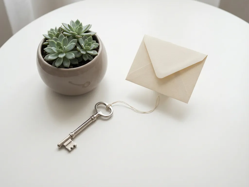 Zilveren sleutel naast vetplant met zwevende envelop, minimalistische compositie in warme grijstinten en saliegroen