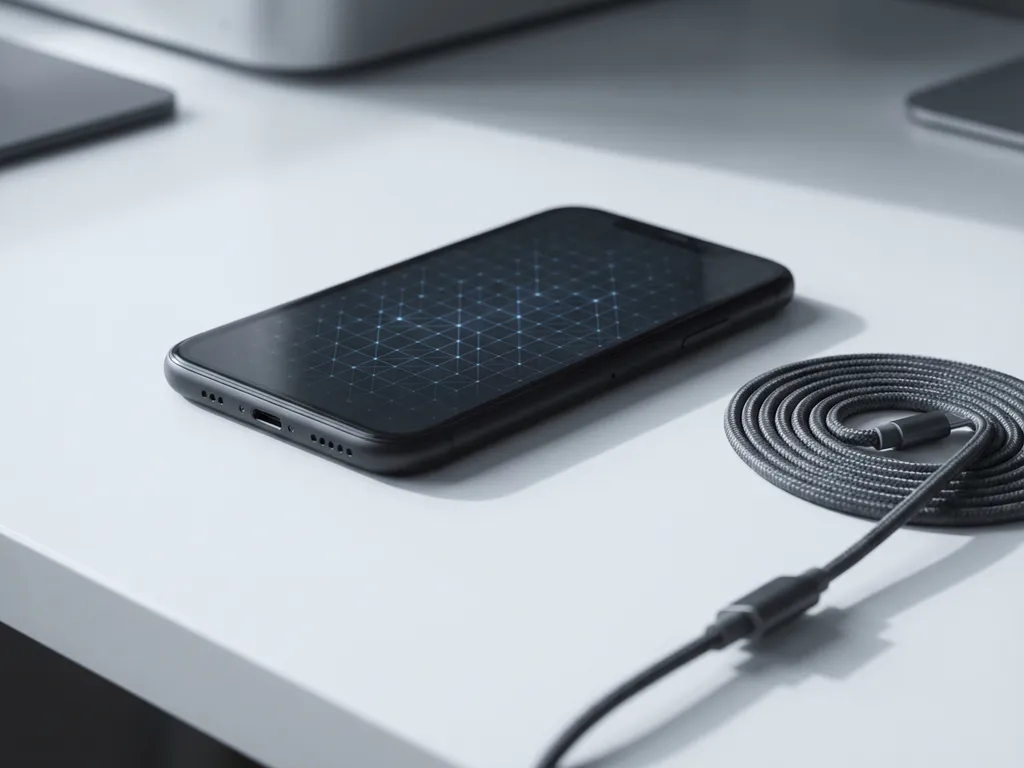 Matte zwarte smartphone op wit bureau met opgerolde USB-kabel, minimalistische studioverlichting en strakke schaduwen