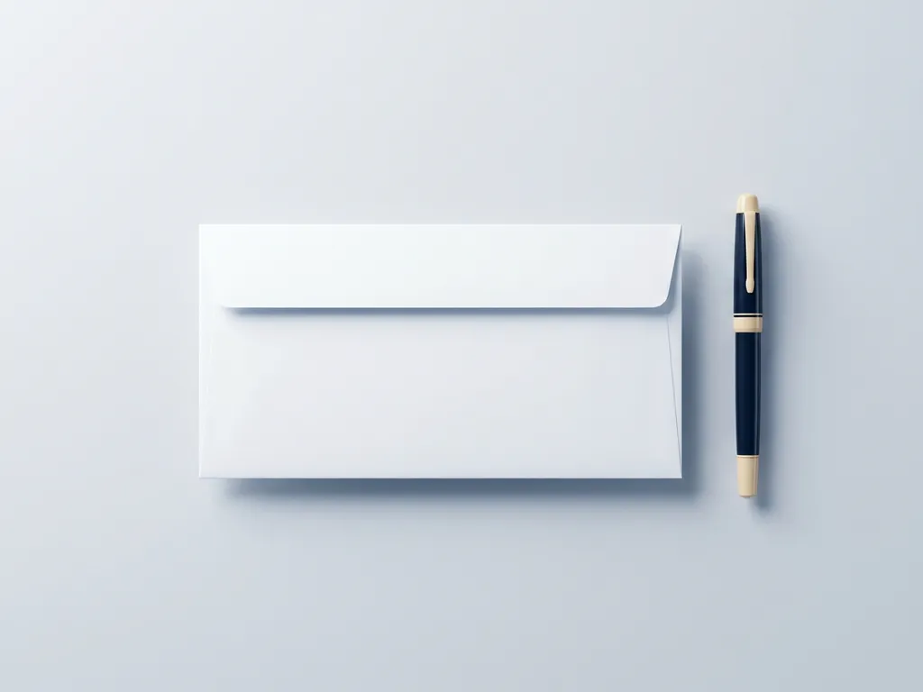 Verzegelde witte envelop op grijs bureau met een vulpen ernaast, gefotografeerd van bovenaf in zacht studiolicht.