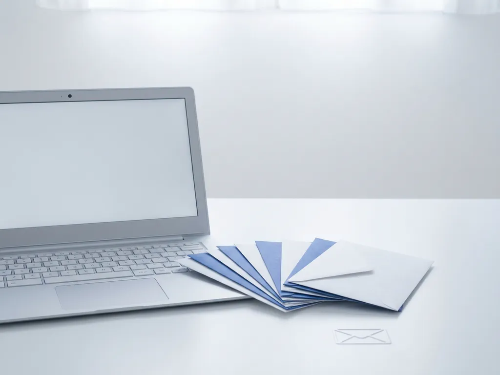 Open laptop op wit bureau met gevouwen enveloppen naast het toetsenbord, in rustige blauw-witte tinten.