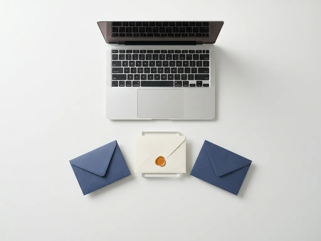 Open laptop op wit bureau met drie enveloppen in een boog, één uitgelicht als beste keuze, in rustige blauw-witte tinten met amber accent.