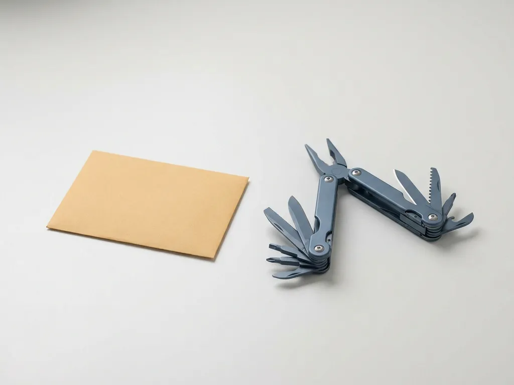 Witte envelop naast een opengevouwen multitool op een wit bureau, minimalistische compositie in leisteenblauw en zandtinten.