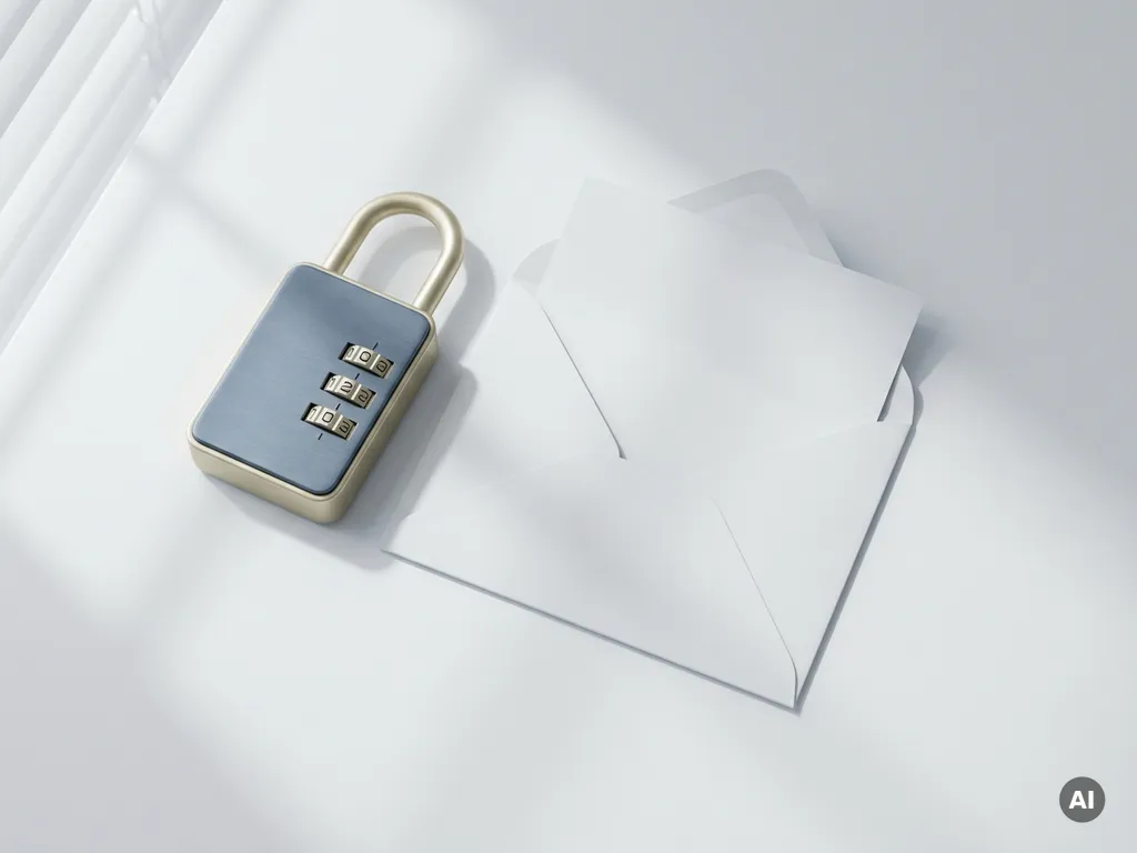 Combinatieslot naast een open envelop op wit bureau, symbool voor veilige e-mailcommunicatie, minimalistische bovenaanzicht compositie.