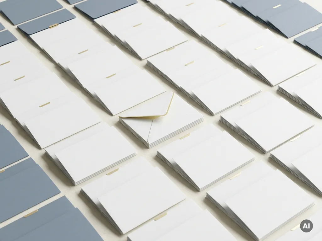 Stroom van identieke witte enveloppen in geometrische rijen op ivoor bureau, één envelop centraal lichtjes geopend, bovenaanzicht.