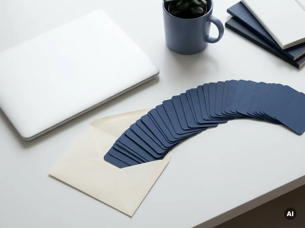 Laptop op wit bureau naast open envelop met uitwaaierend visitekaartjes, strak bovenaanzicht in marineblauw en ivoor tinten.