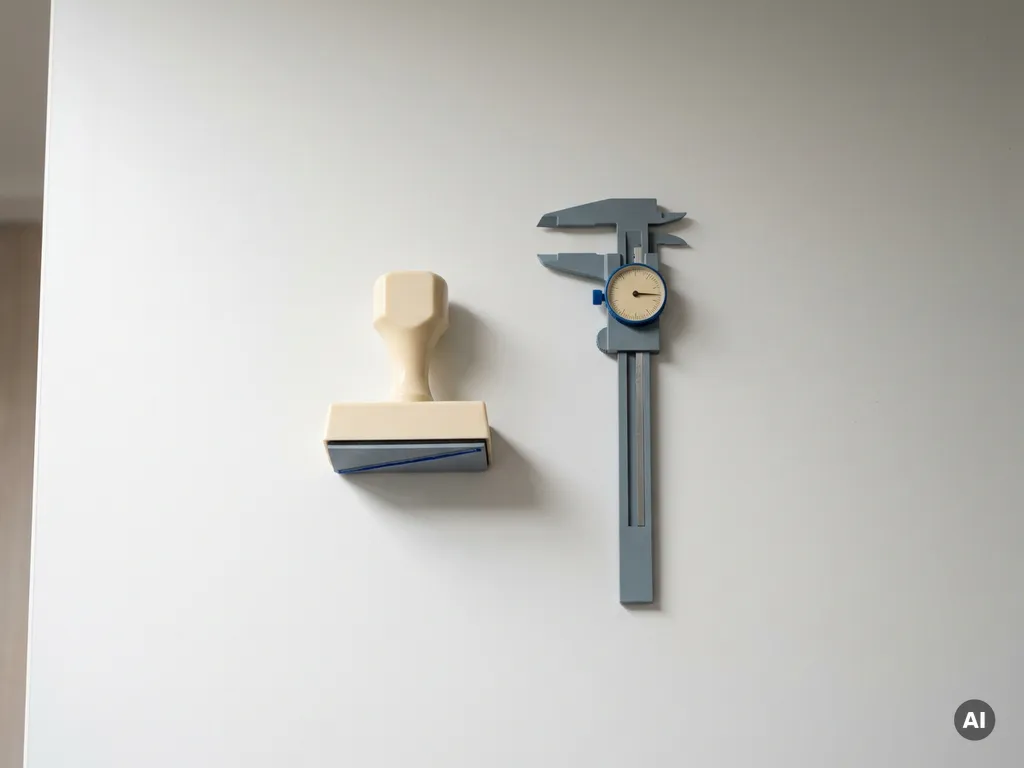 Rubberstempel en precisie-instrument naast elkaar op wit bureau, koele grijze en ivoren tinten met elektrisch blauwe accent.