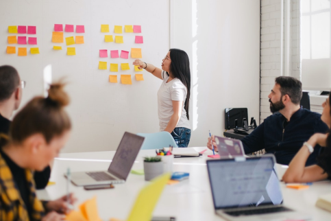 Strategy board meeting brainstorming with sticky notes